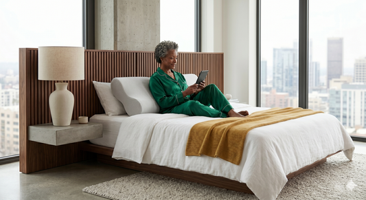 Femme d'un certain âge assise dans un lit de loft moderne, lisant sur une tablette contre un oreiller ergonomique.