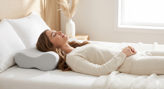 Femme endormie sur le dos utilisant un oreiller ergonomique en mousse dans une chambre épurée.