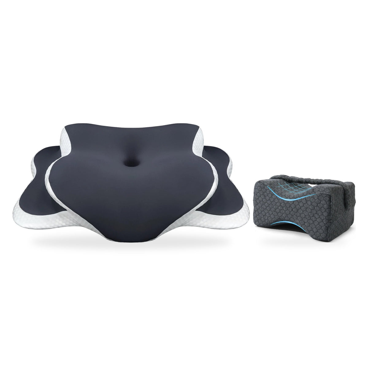 Kit dormeur sur le côté : oreiller papillon réversible gris et coussin genoux gris