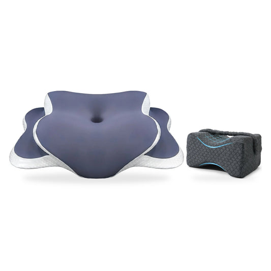 Kit dormeur sur le côté : oreiller papillon réversible violet et coussin genoux gris