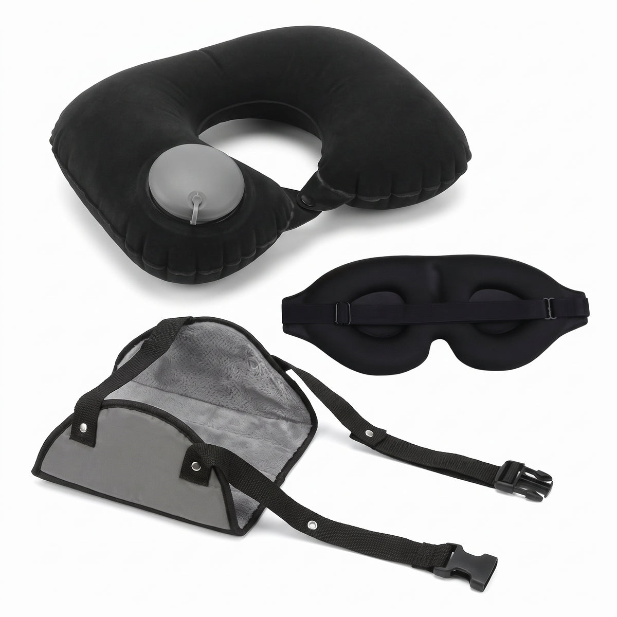 Kit voyage : oreiller de voyage gonflable noir, masque de sommeil 3D noir et repose-pieds suspendu gris