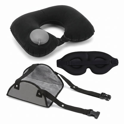 Kit voyage : oreiller de voyage gonflable noir, masque de sommeil 3D noir et repose-pieds suspendu gris