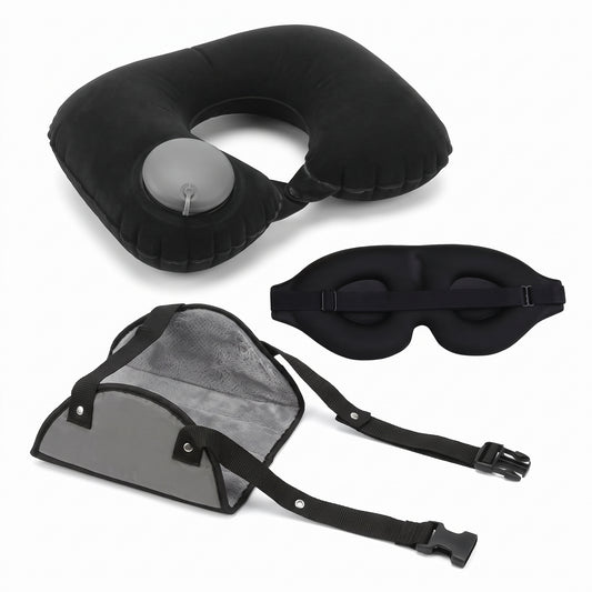 Kit voyage : oreiller de voyage gonflable noir, masque de sommeil 3D noir et repose-pieds suspendu gris
